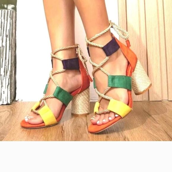 boho colorful open toe heels - Picture 3 of 7